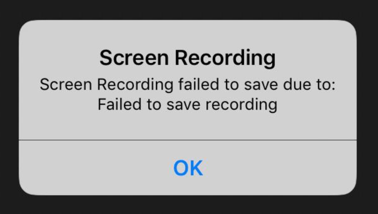 Screen Recording notification saying recording stopped because space limit reached