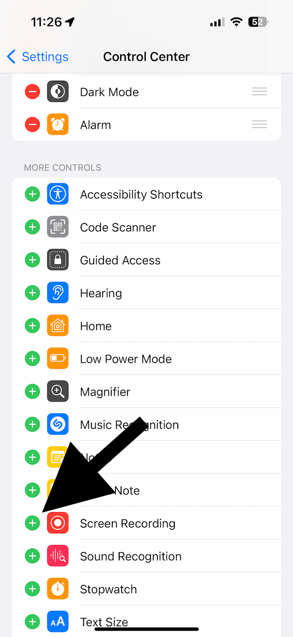 Screen Recording option in Control Center in Settings