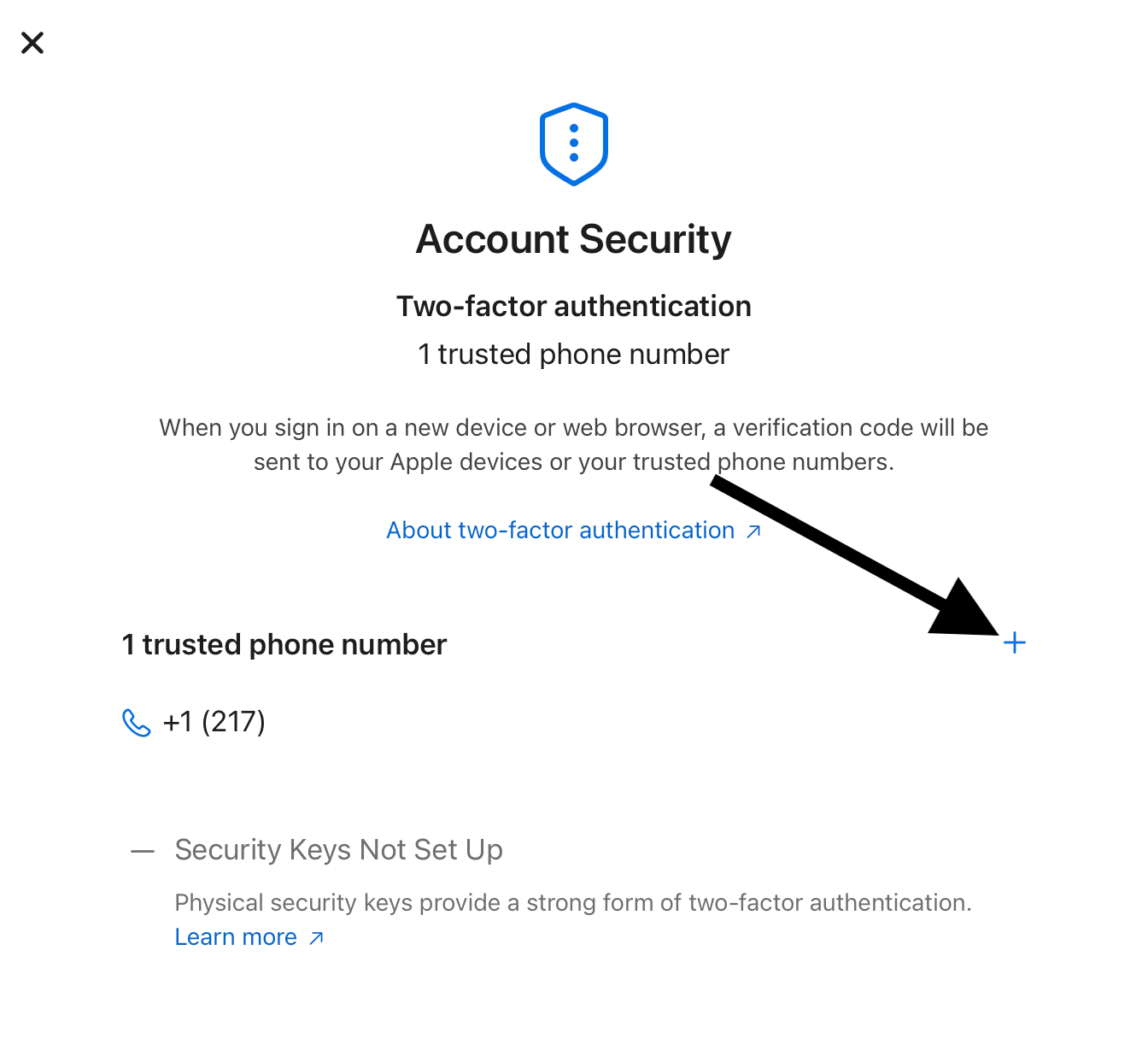 Account security, add button to add new phone number, screenshot 