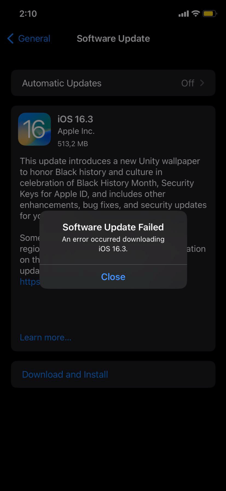software update failed message