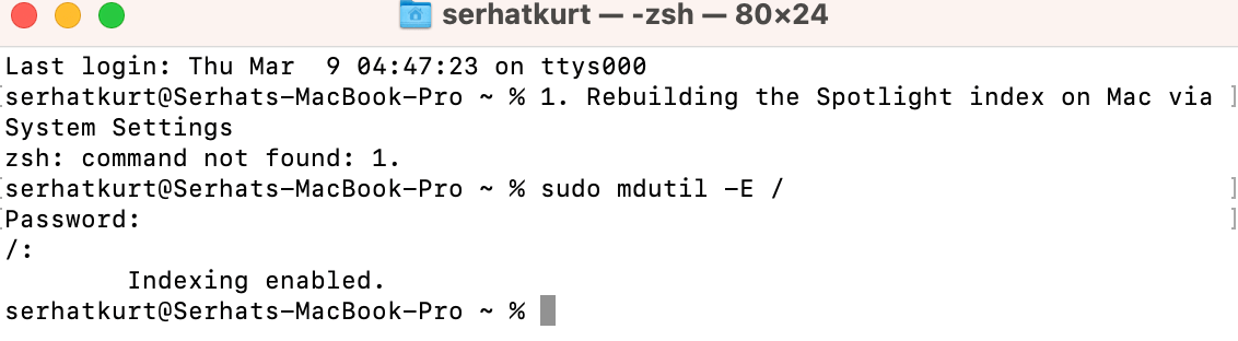 Terminal command for Spotlight indexing