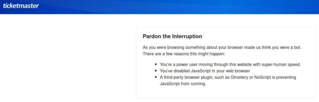 Ticketmaster login error screen
