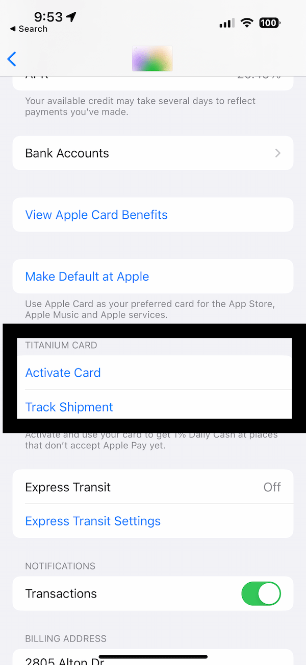 Track Apple Card shipment button in the Wallet app
