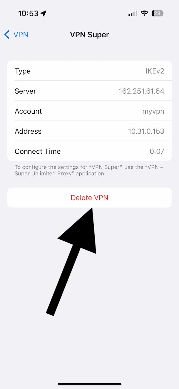 iPhone VPN delete button screen