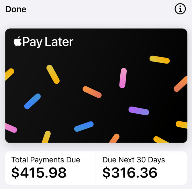 Pay Later screen in Wallet on iPhone
