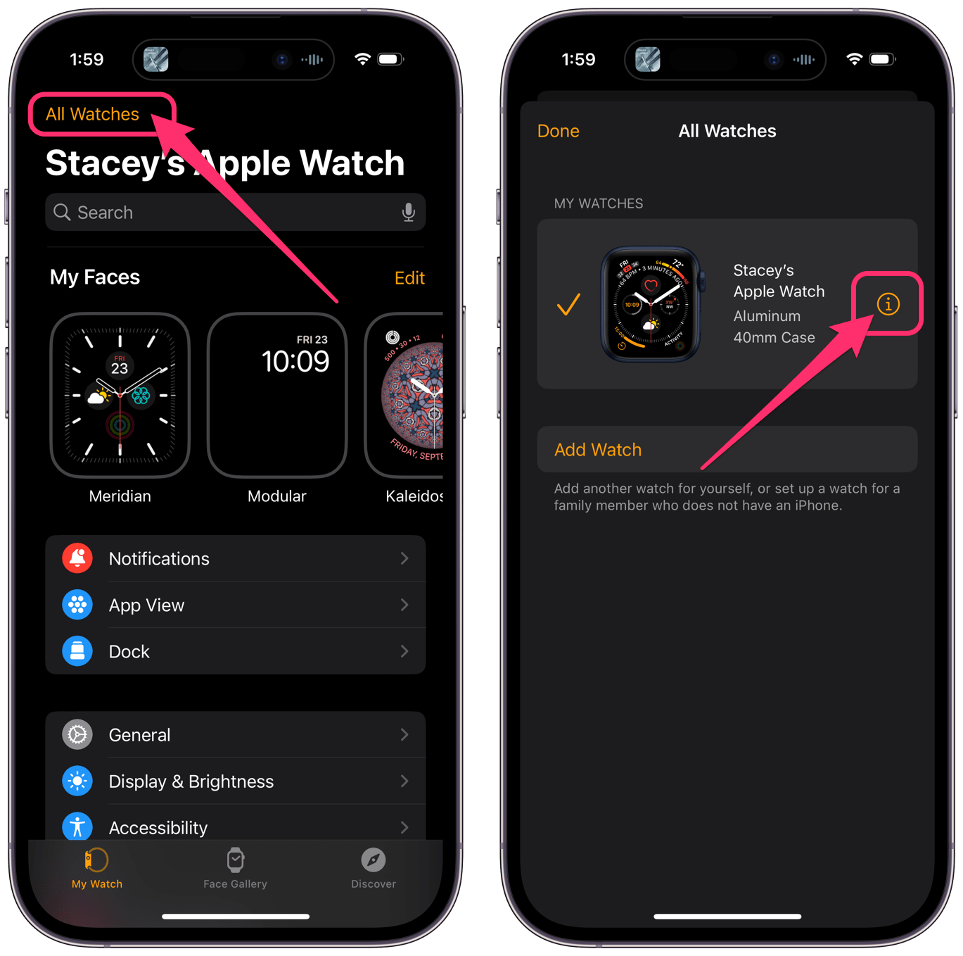 watch app on iPhone. all watches. info