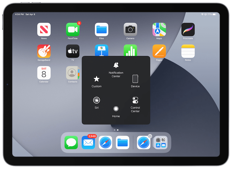 AssistiveTouch menu that appears when tap the white dot on iPad