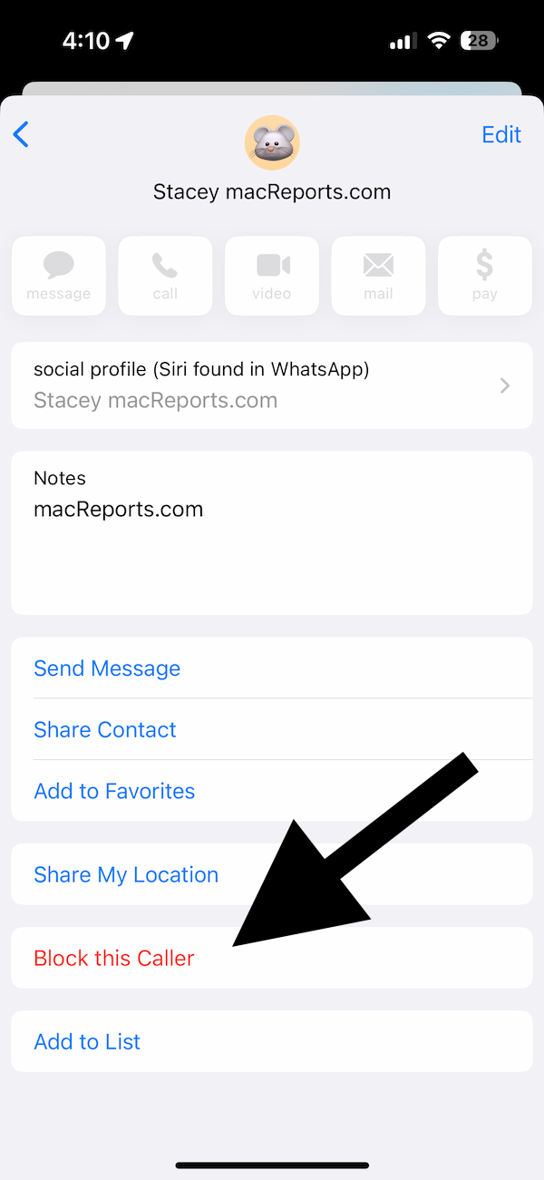 Messages app showing the Block this Caller button