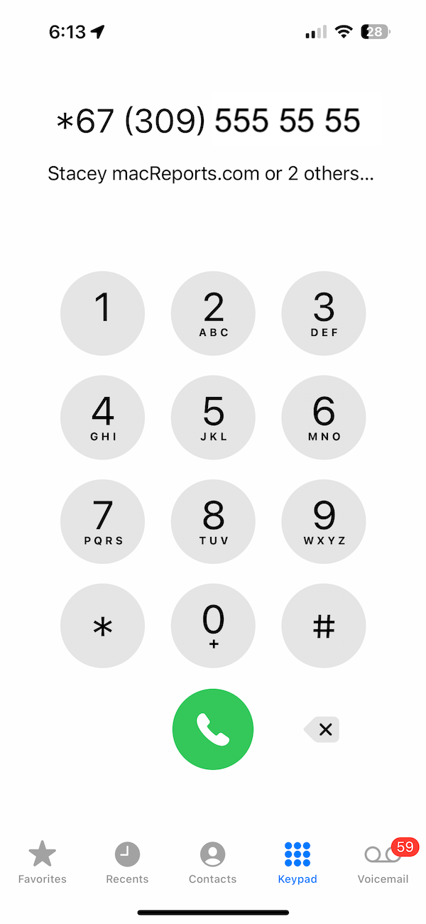 keypad screen in the Phone app on iPhone. Call using *67