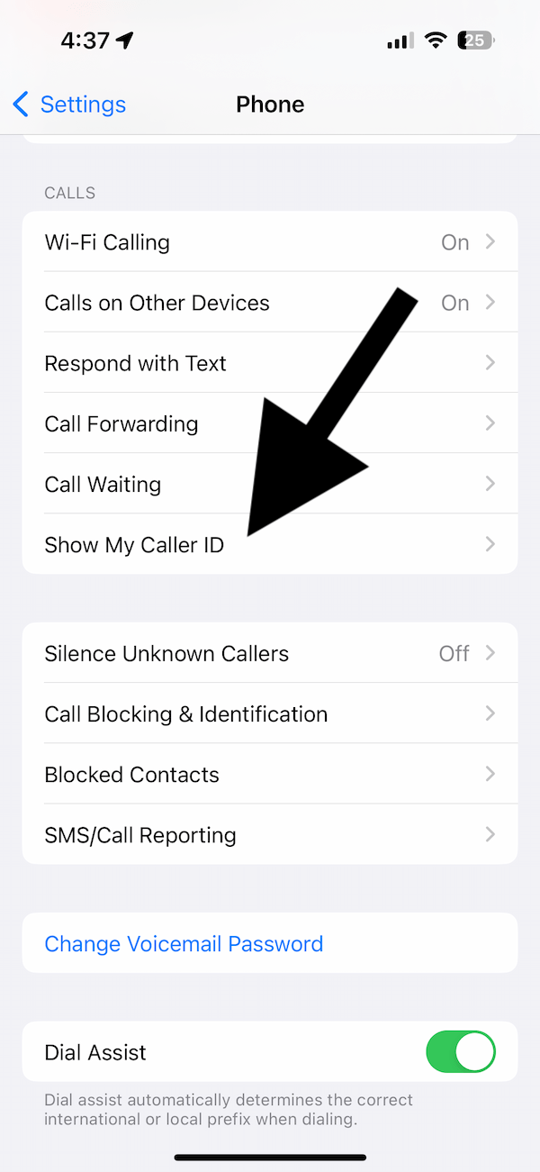 iPhone settings screen showing the Show My Caller ID option