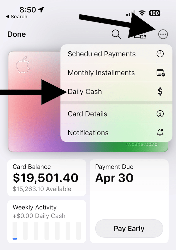 Apple Card and Daily Cash button in Wallet