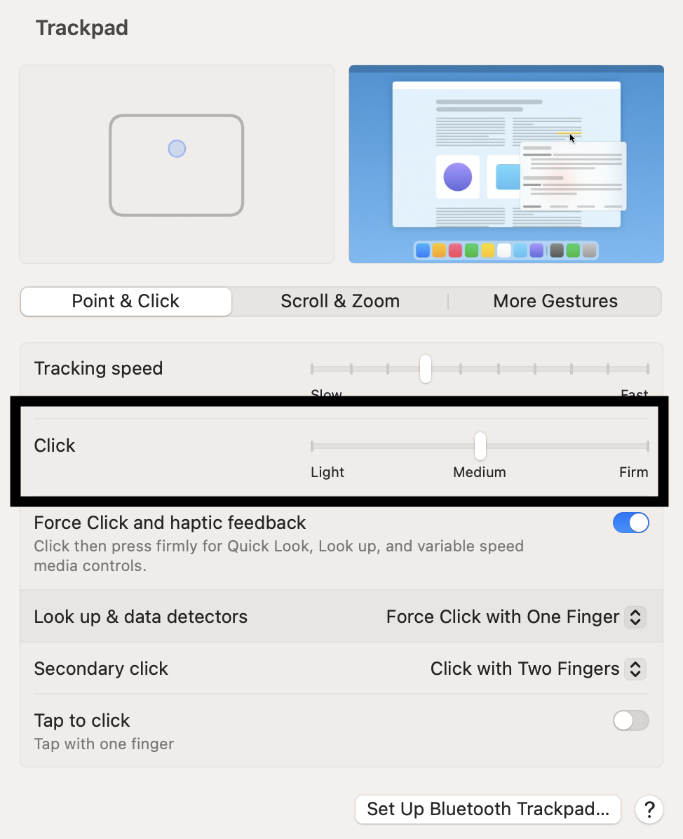 A screenshot showing the Click sensitivity: Light, Medium, Firm on Mac