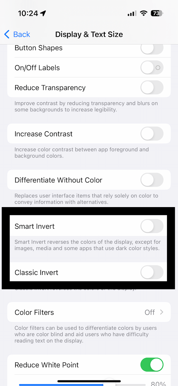 Settings options showing the Smart Invert and Classic Invert buttons