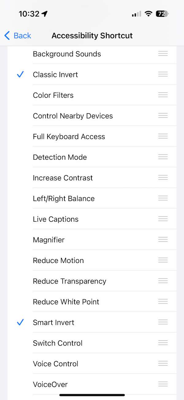 Accessibility shortcut showing the Classic and Smart Invert options