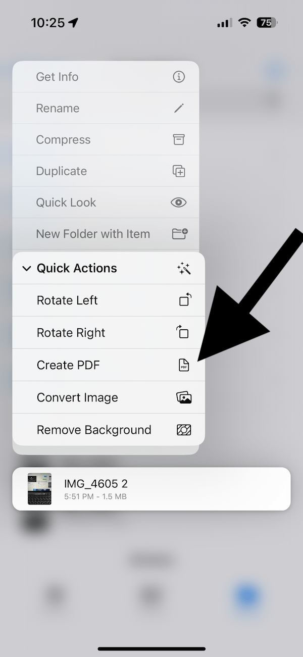 An image showing the Create PDF menu in Files