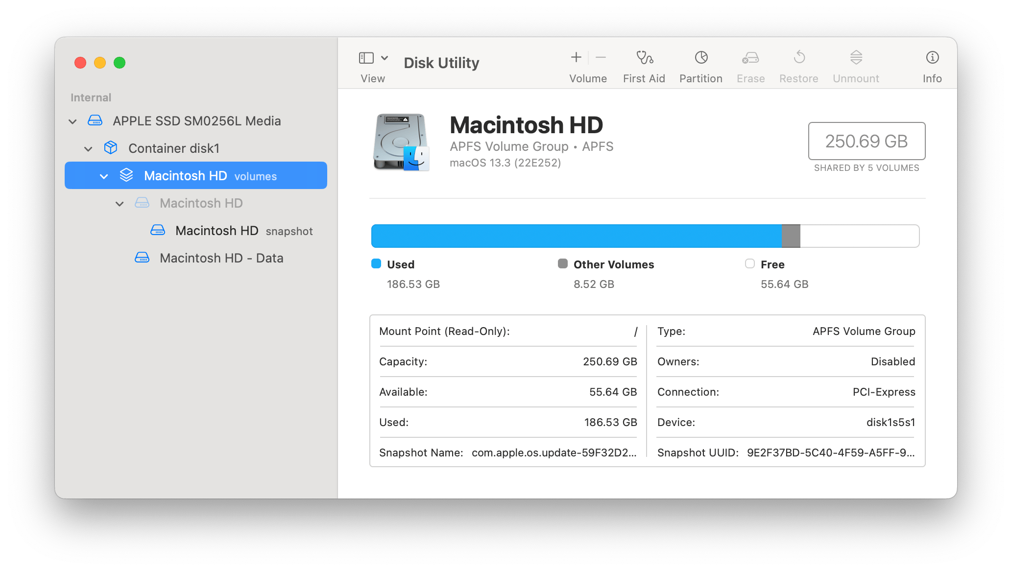 disk utility view of Macintosh HD and Macintosh HD data volumes