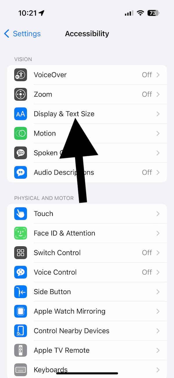 Display and Text Size settings of Accessibility in Settings