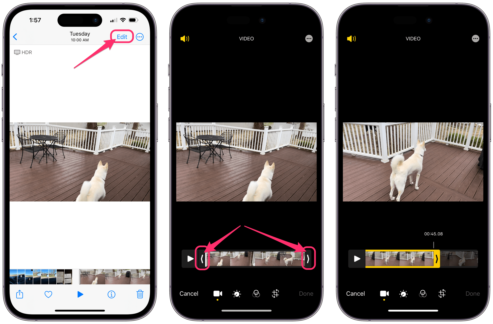 shorten a video in Photos app by cutting beginning or end