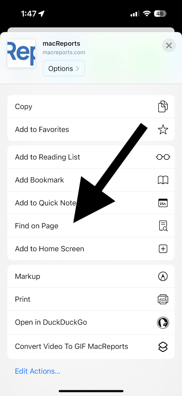 Safari Share menu screenshot showing the Find on Page option