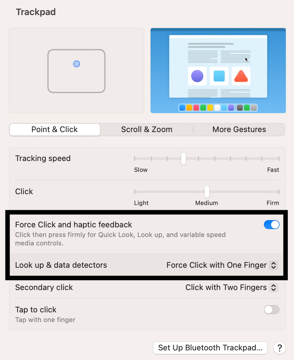A screenshot showing the Force Click settings on Mac