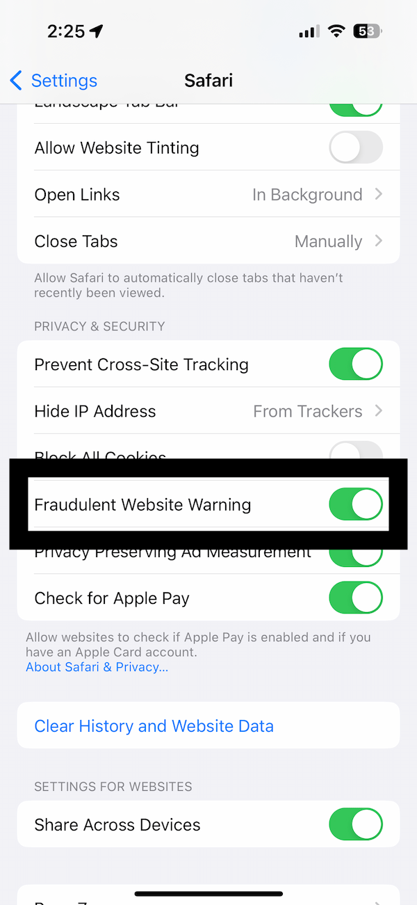 Safari setting showing the Fraudulent Website warning option