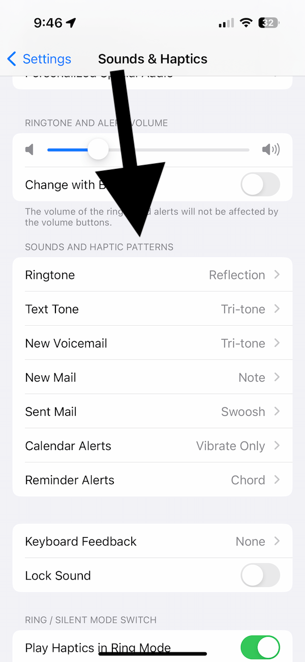 Sound and Haptics Patterns settings on iPhone