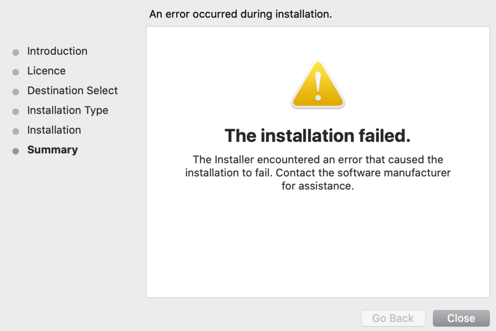 An image showing the installation failed error message