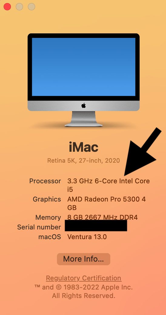 About This Mac screen showing the Intel processor