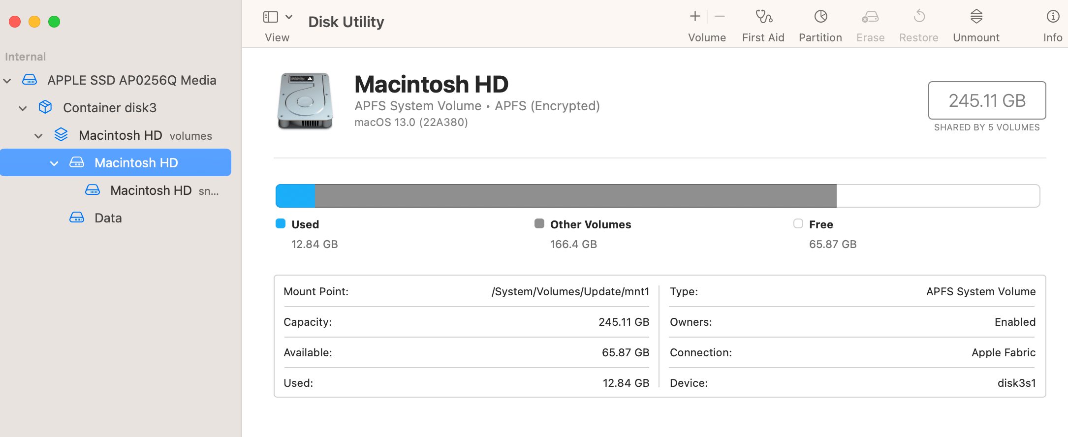 Disk Utility screen showing Mac Volumes