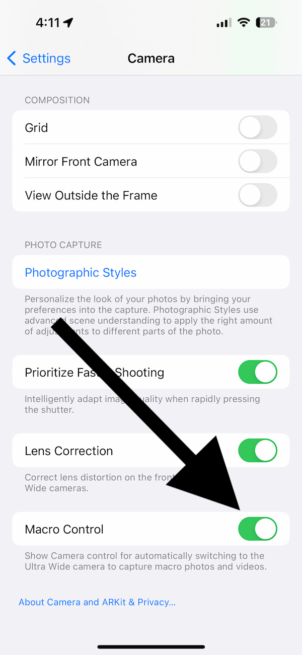 iPhone Macro Control setting