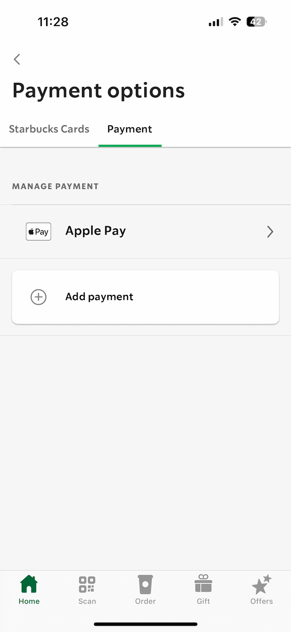Starbucks app Payment Options