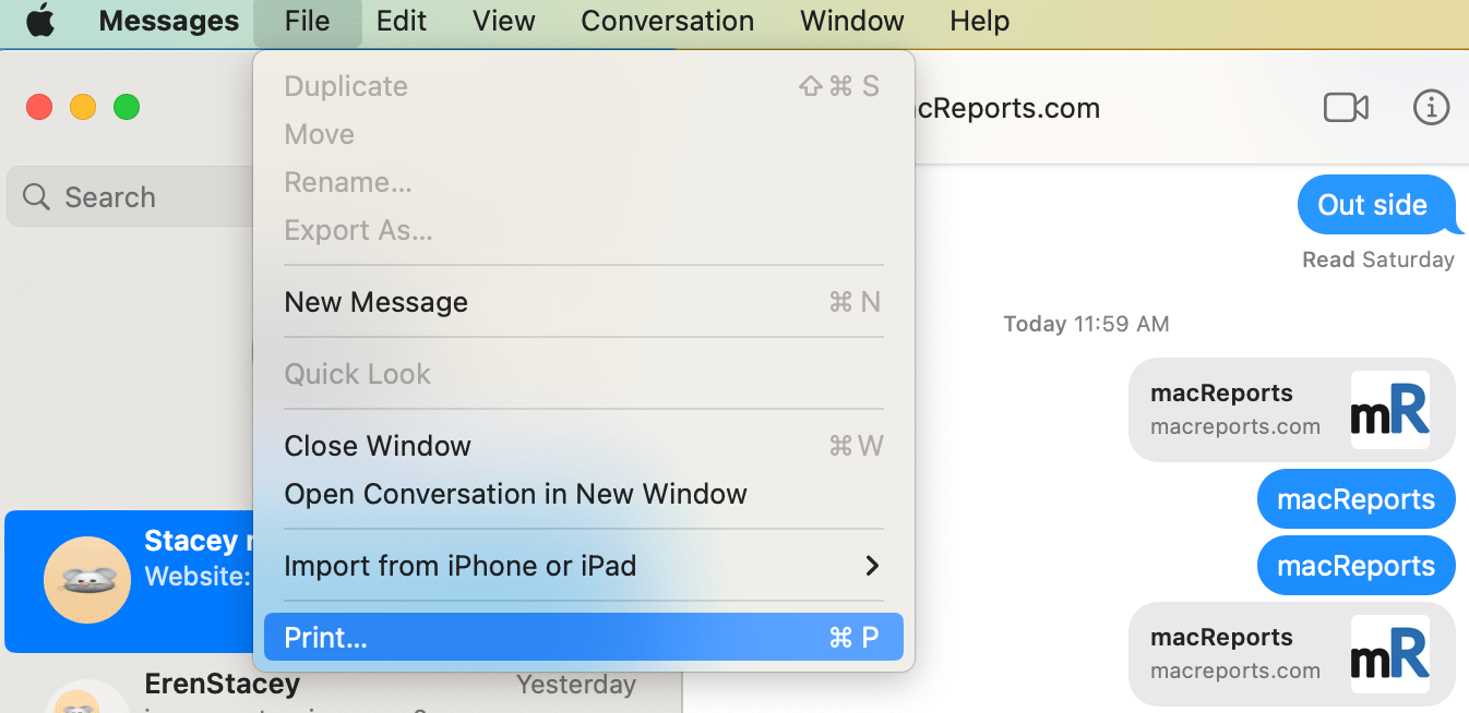 Messages app showing the File and Print menu