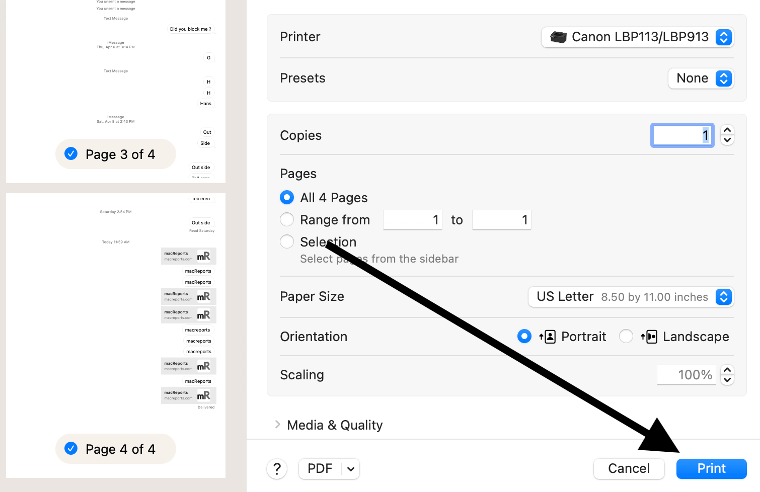 Printing options window