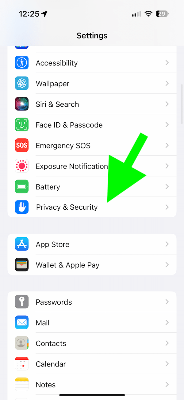 iPhone screen showing Privacy & Security 