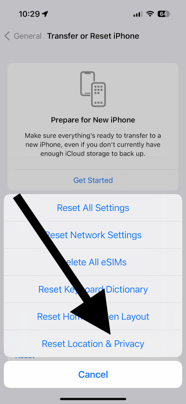 An image showing the Reset Location and Privacy option