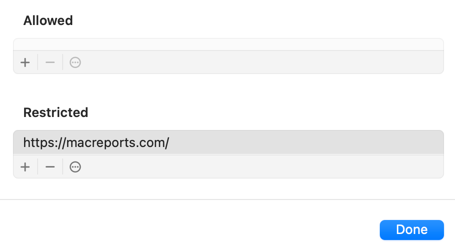 An image of restricted sites setting on Mac