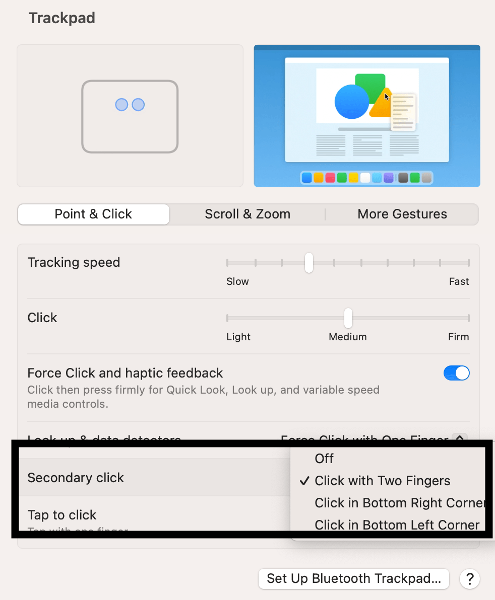 A screenshot showing the secondary click - right click options on Mac