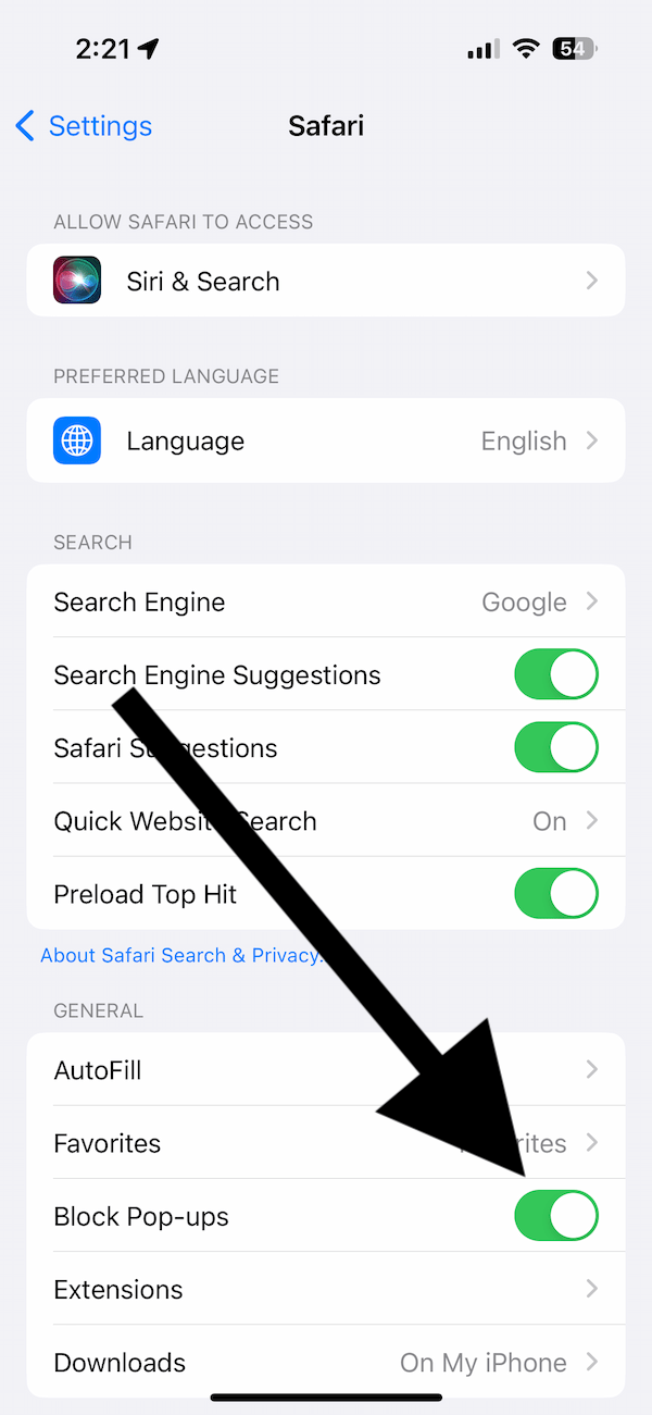 Safari settings showing the Block Pop-ups buttons