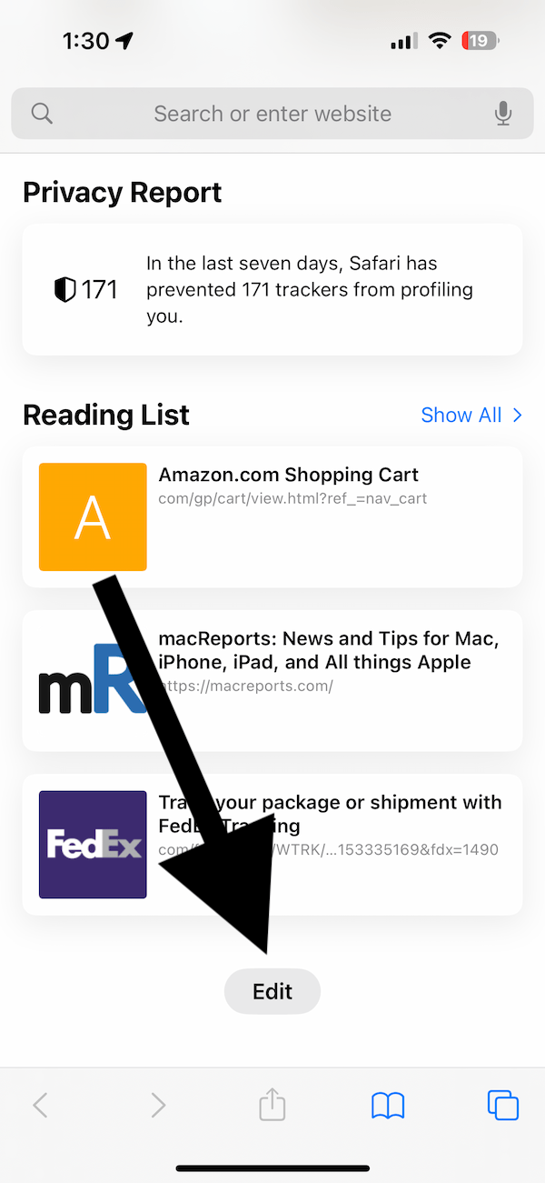 A screenshot showing Safari's Edit button