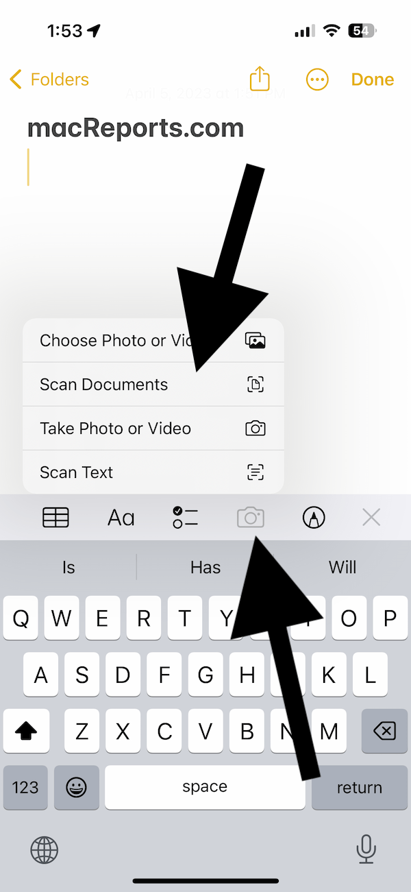 The Notes app showing the Scan Documents menu item.
