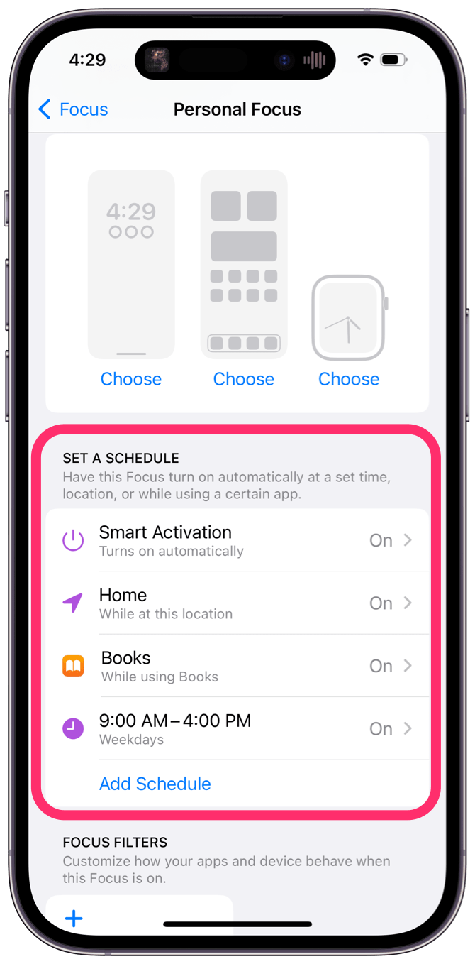 focus schedule types in iPhone settings