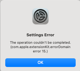 Settings Error The operation couldn't be completed error screen