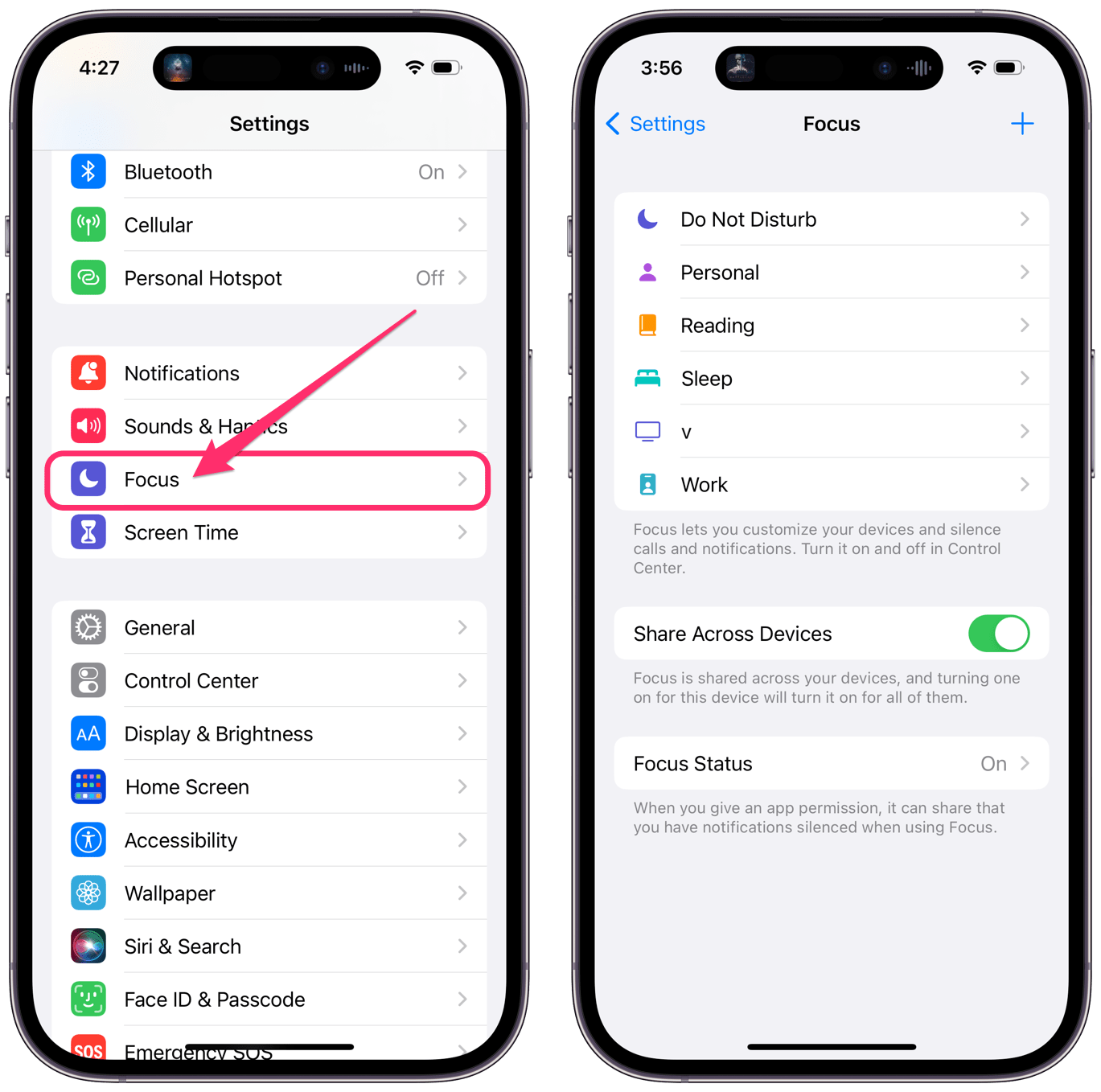 settings focus on iPhone