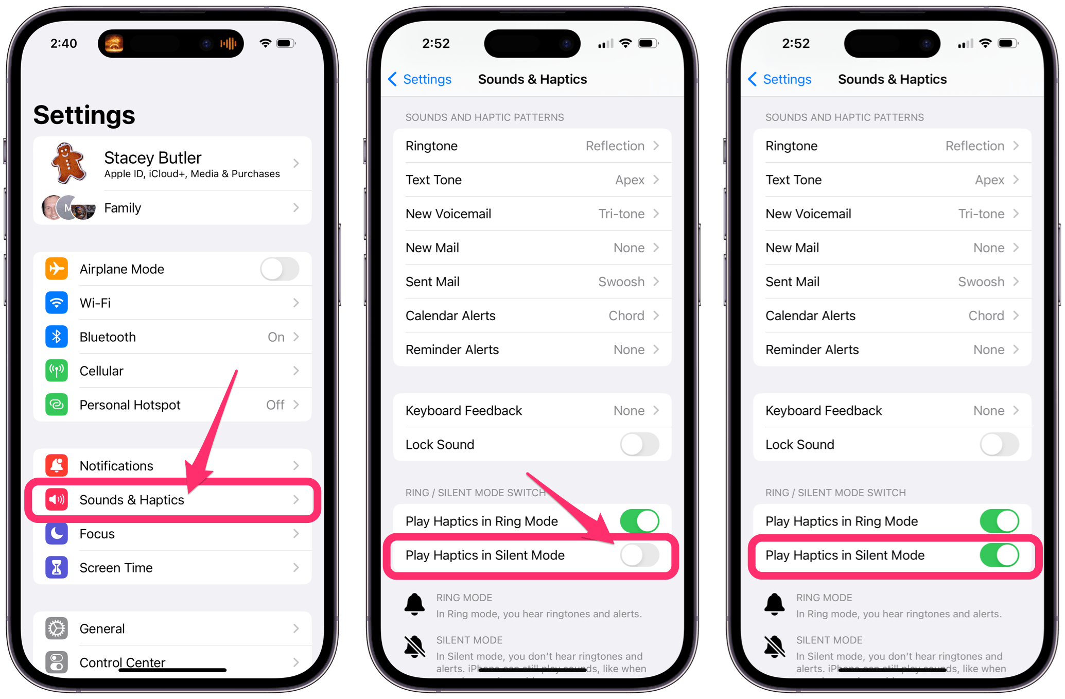 iPhone Settings Sounds & Haptics (vibrations) in Silent Mode