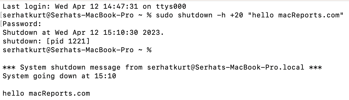 A terminal command showing the shutdown time