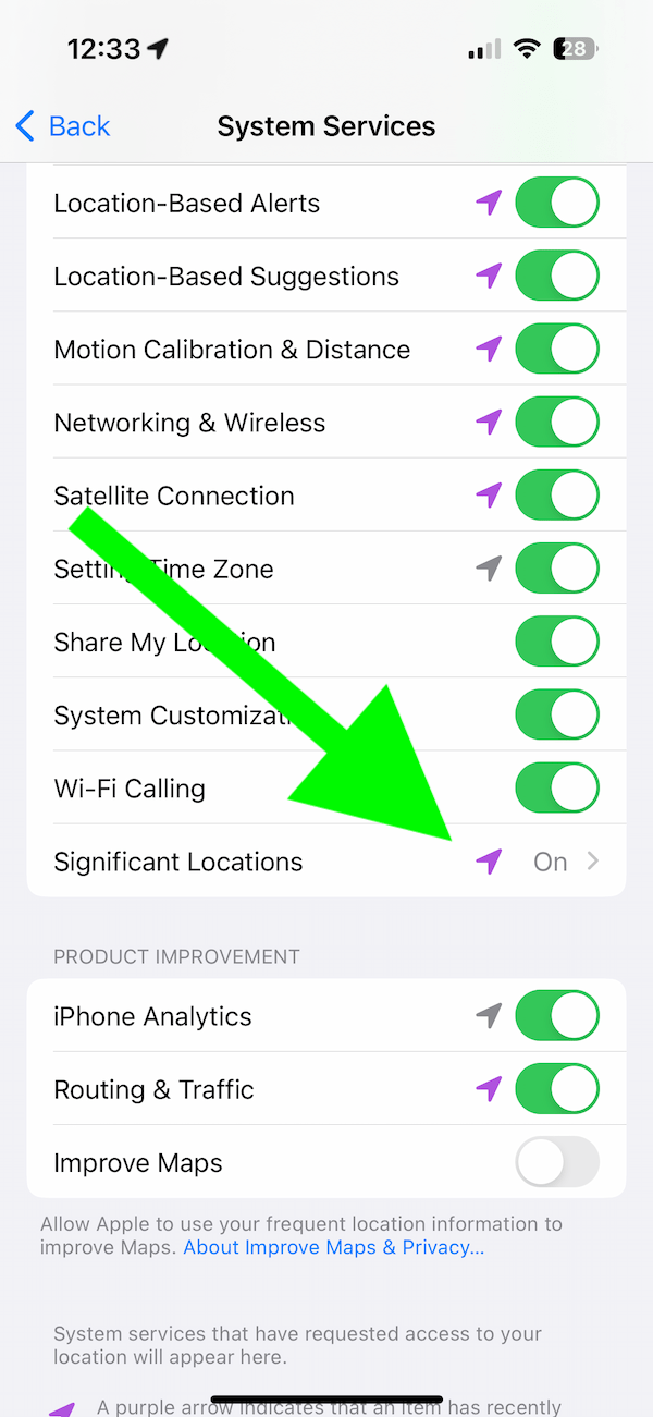 iPhone Location settings showing the Significant Locations settings
