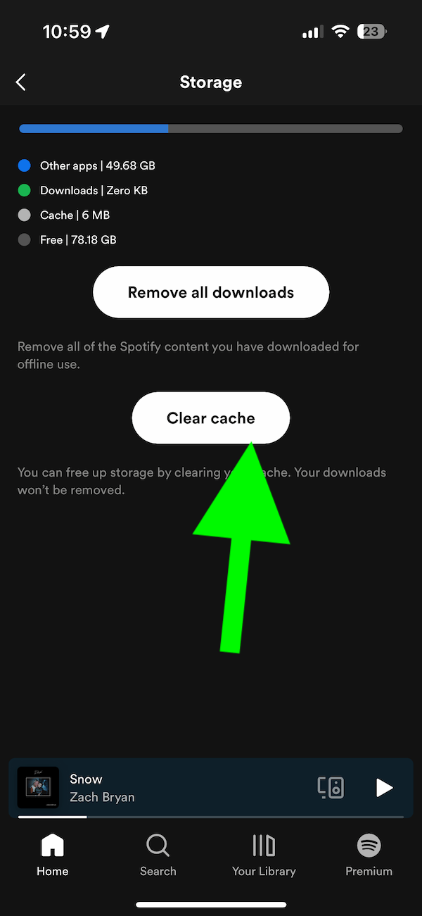 Spotify screen showing the Clear cache button