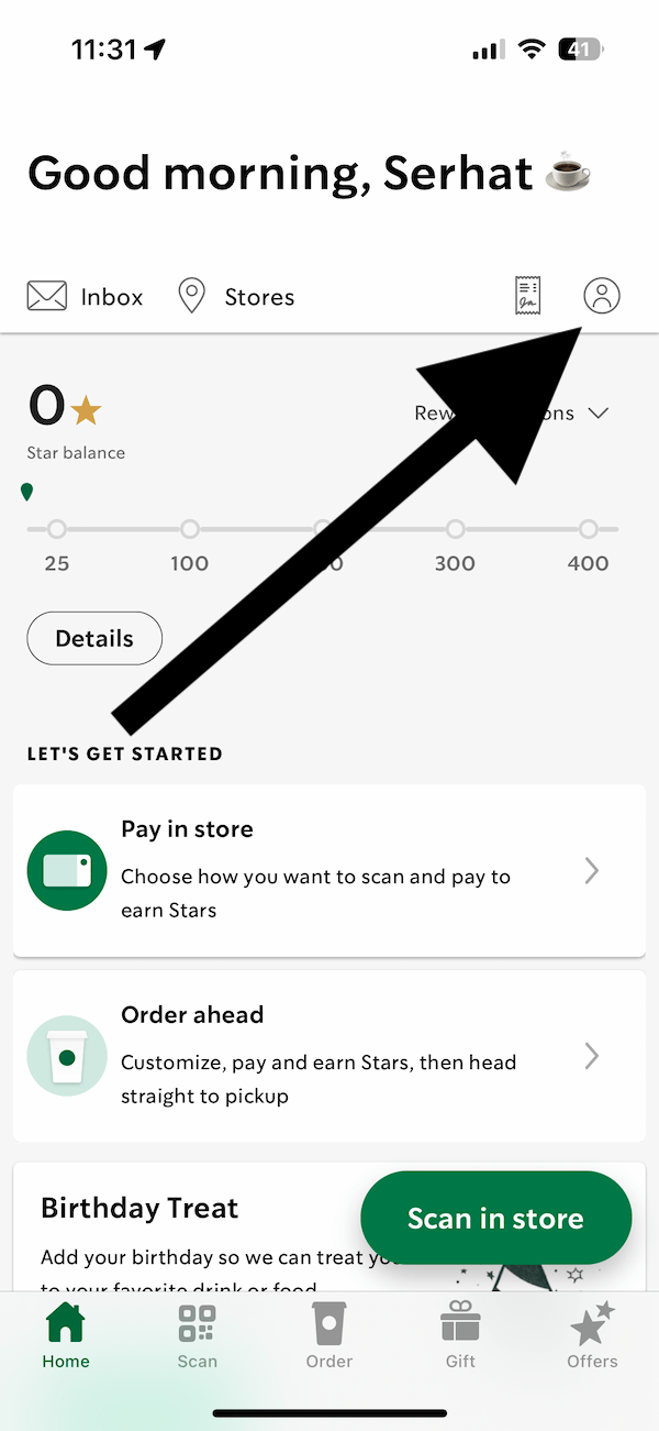 Starbucks account button