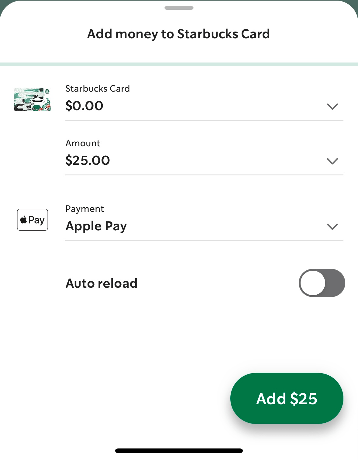 Add money to Starbucks Card screen