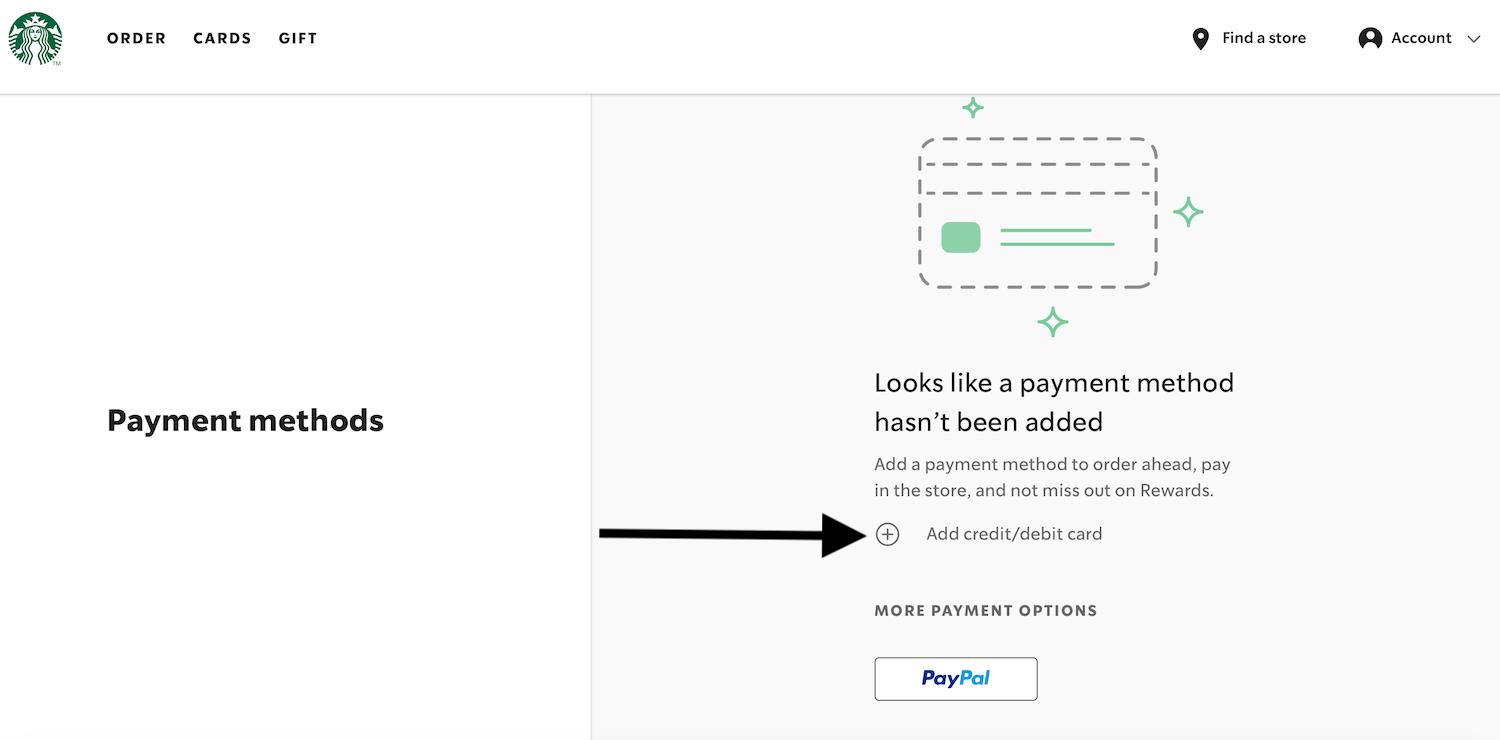 Starbucks website showing the add credit/debit card button
